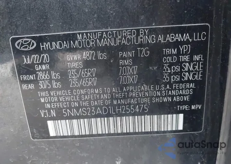 2020 Hyundai Santa Fe Se from USA, damaged, VIN 5NMS23AD1LH255475